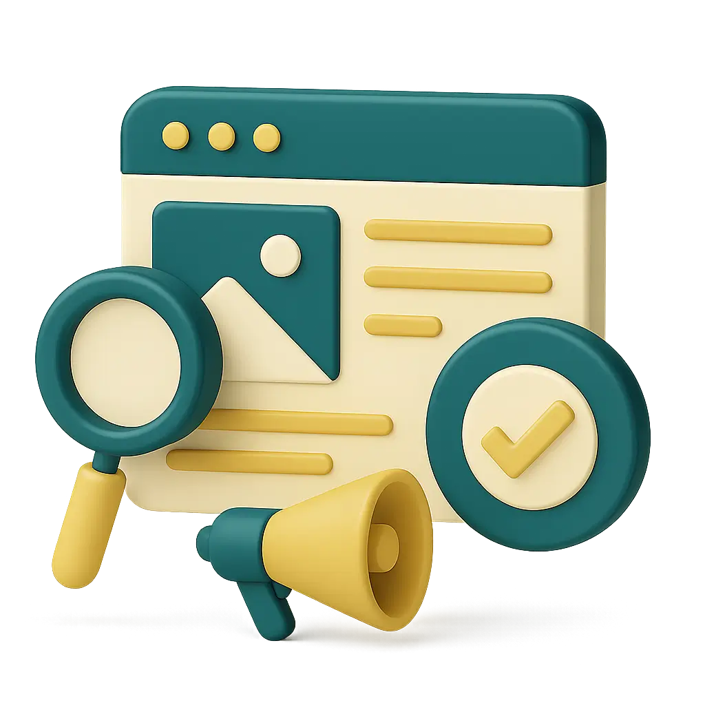 3D illustration of a computer screen with magnifying glass and checkmark symbolizing improved website visibility and search indexing